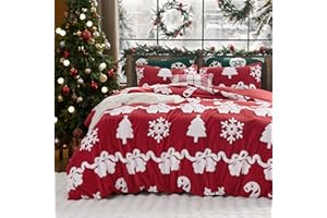 Bedsure Fluffy Christmas Duvet Cover Set - Ultra Soft Plush Shaggy Comforter Cover Queen Size, Warm Flannel Fleece Bed Sets for Winter, 3 Pieces, Ginger Candy Bell Pattern, Red