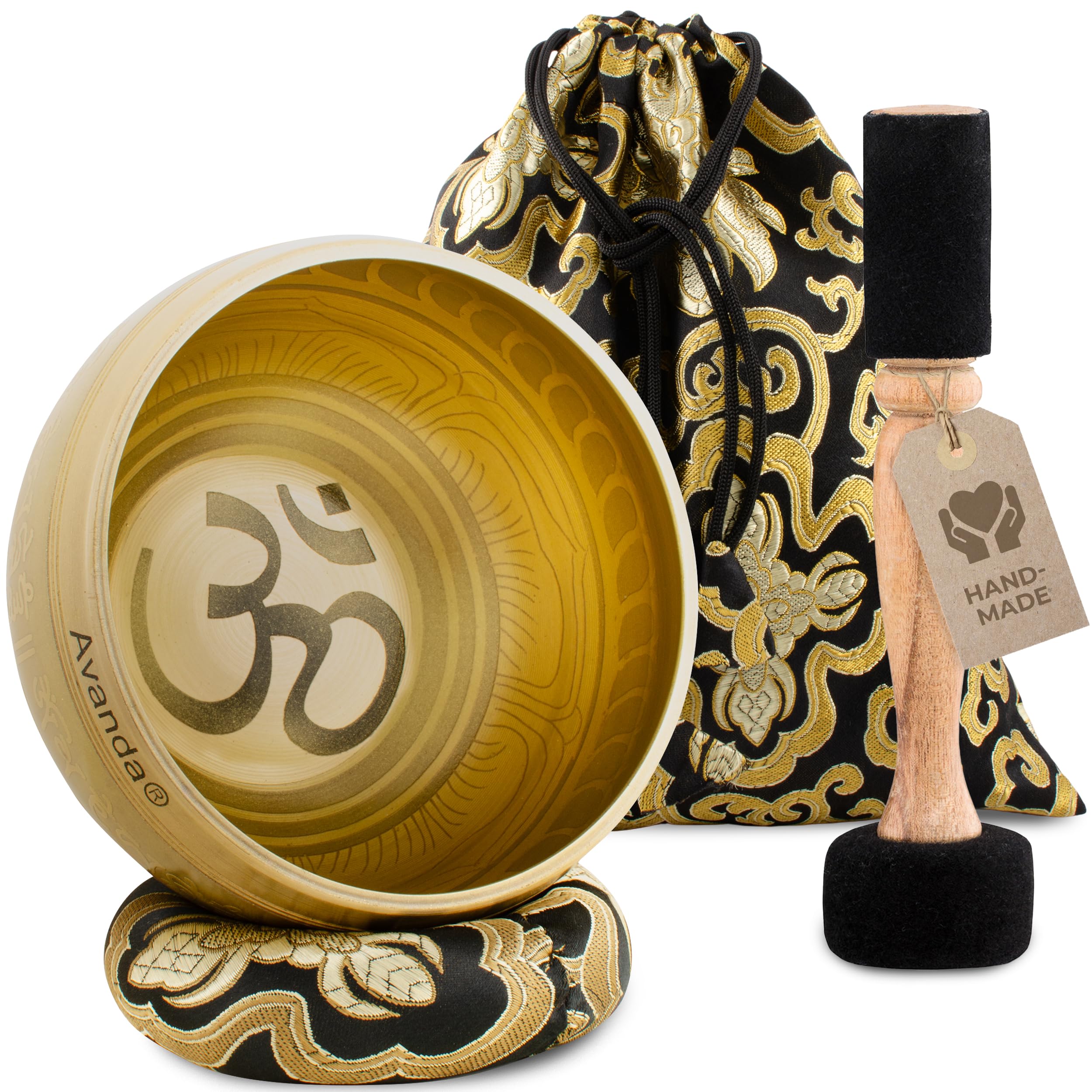 Tibetan Singing Bowl Set Om for Yoga, Meditation and Relaxation - Hand-Painted Tibetan Singing Bowl Ø 10 cm, Double Beater with Felt and Leather, Ring Cushion, Bag and Instructions