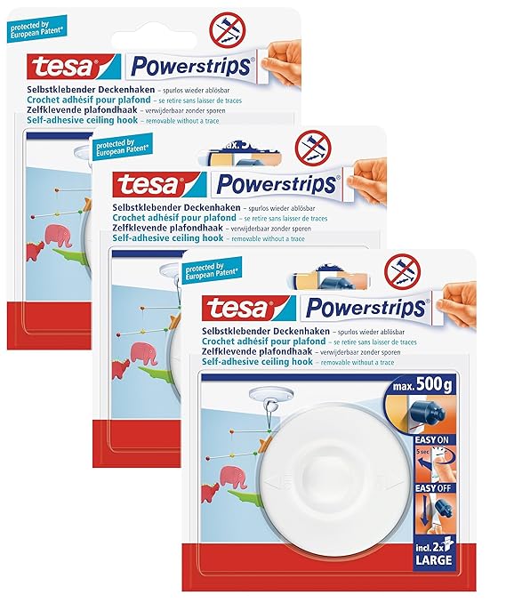 tesa Deckenhaken mit Powerstrips, selbstklebend, wieder ablösbar, bis 0,5kg | 3 Haken
