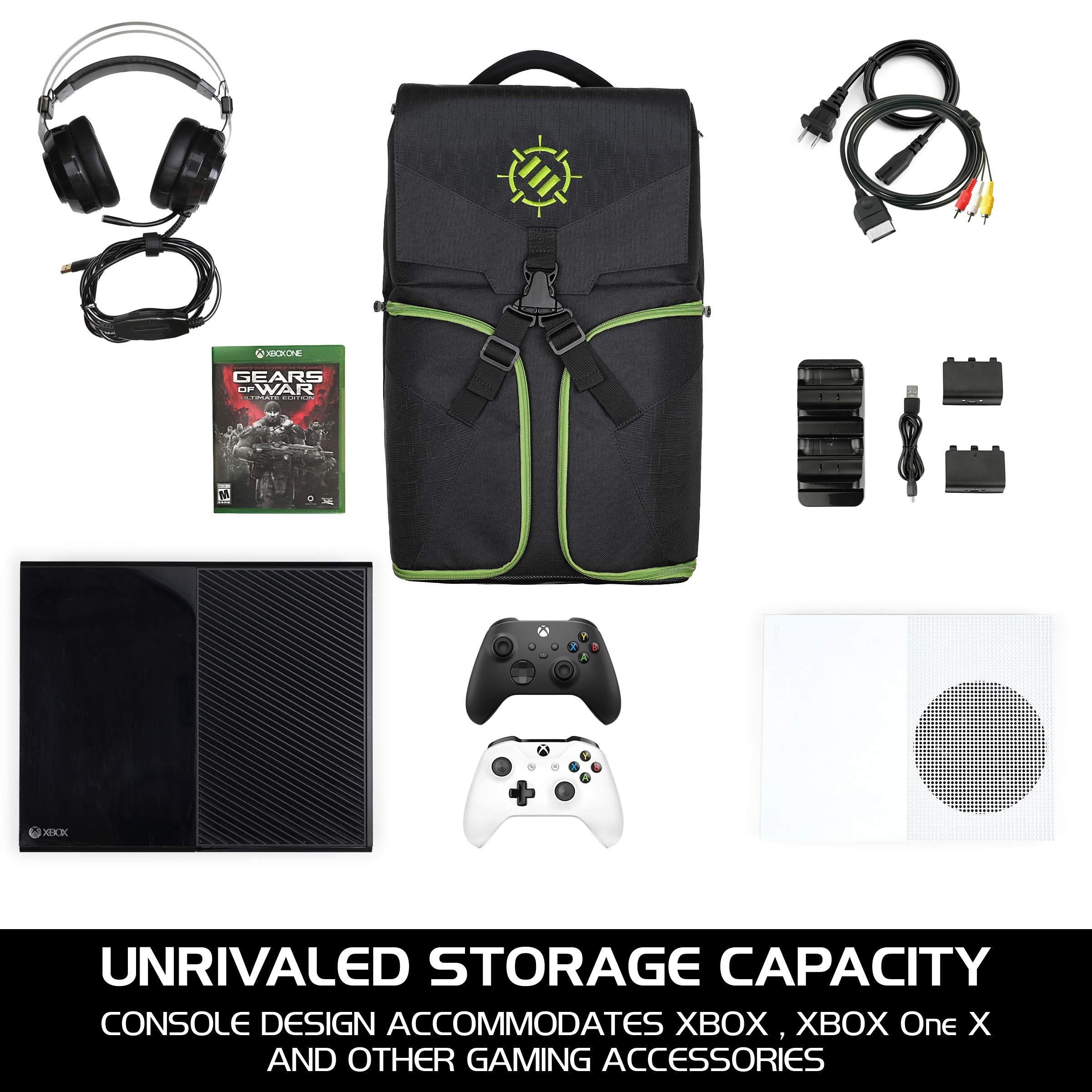 ENHANCE Xbox Backpack - Xbox Carrying Case Compatible with Series S, One X, One S - Storage Compartments for Controllers, Gaming Headset, Games & More Gaming Accessories - Green