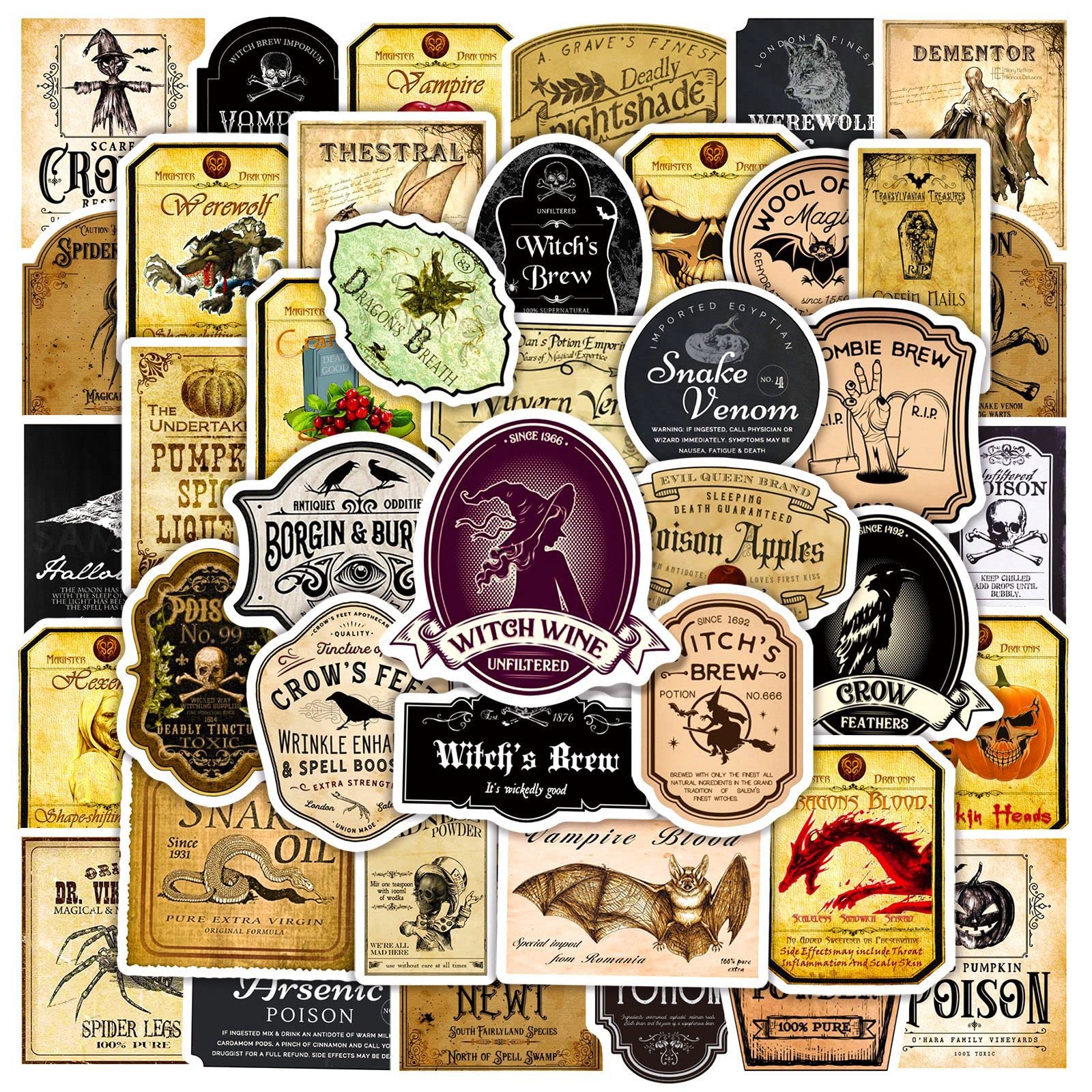 50 Pcs Retro Potion Label Stickers for Kids Teens Adults Boys Girls Gift,Stickers Pack for Laptop,Skateboard,Luggage,Car,Bike, Cup,Computer,Water Bottle Decor,Vintage Vinyl Waterproof Sticker Decals