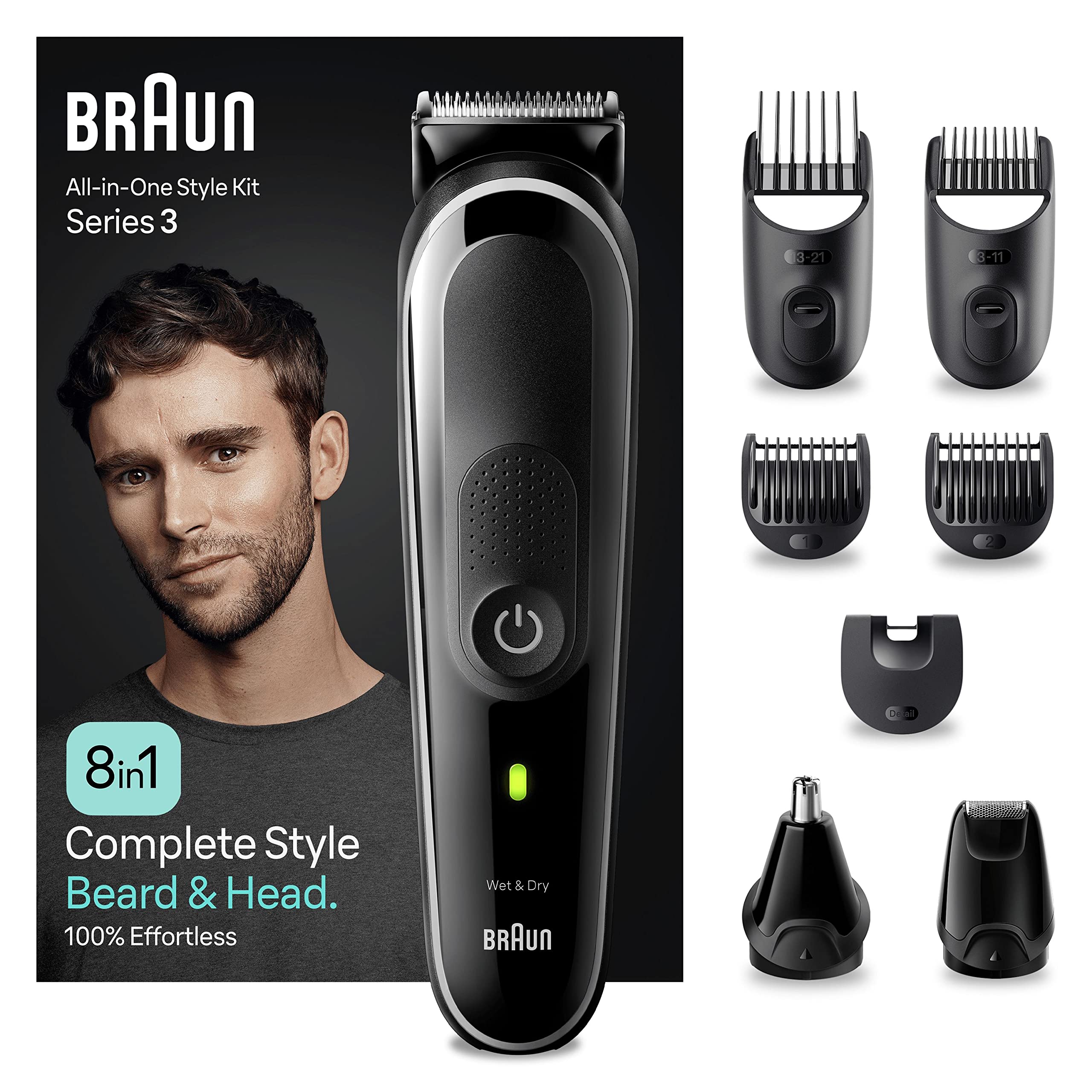 Braun Series 3 All-In-One Beard Care Bodygroomer Set, 8-in-1 Beard Trimmer, Men's Trimmer/Hair Clipper, 80 Min. Wireless Runtime, MGK3440, Black/Grey