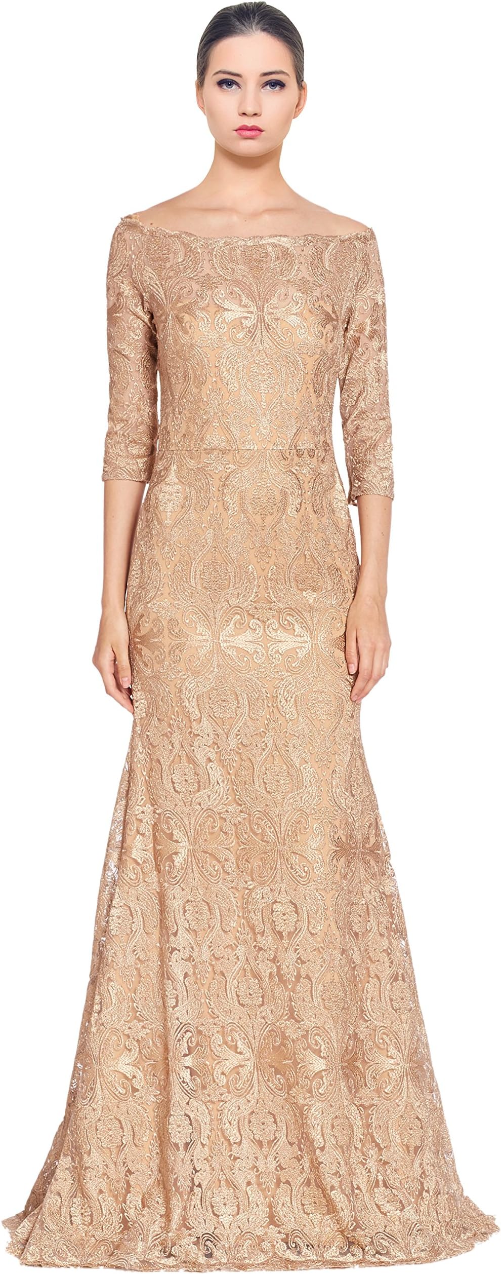 Jovani Fit & Flare Embroidered 3/4 Sleeve Long Evening Gown Dress