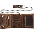 RFID Blocking Men's Tri-fold Vintage Biker Cowhide Leather Steel Chain Wallet,Snap closure, Made In USA,Vintage buffalo brown,315