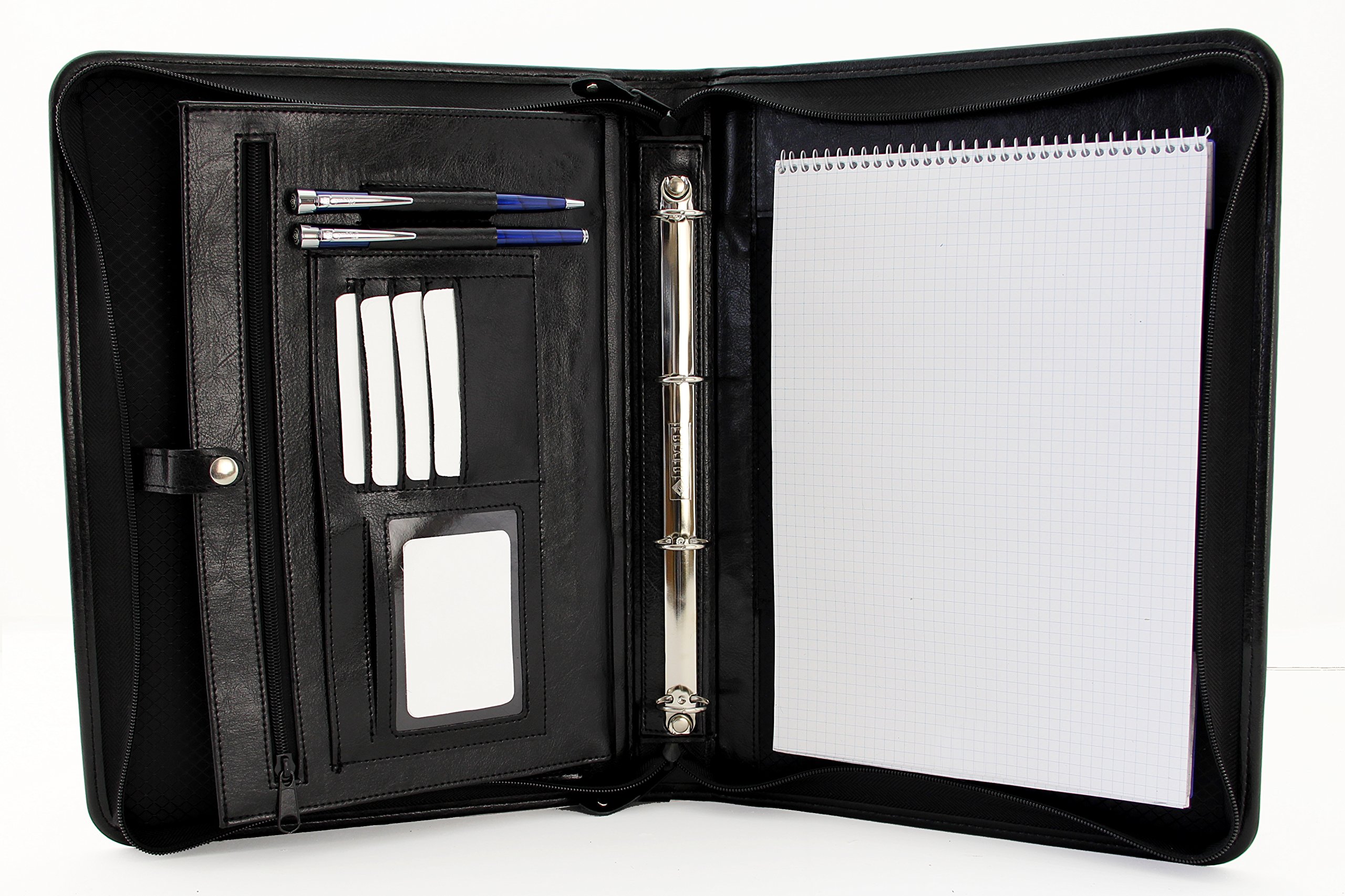 Pu Leather Business Presentation Meeting Conference A4 Folder Faux Leather Portfolio Ring Binder with Handle (Black)