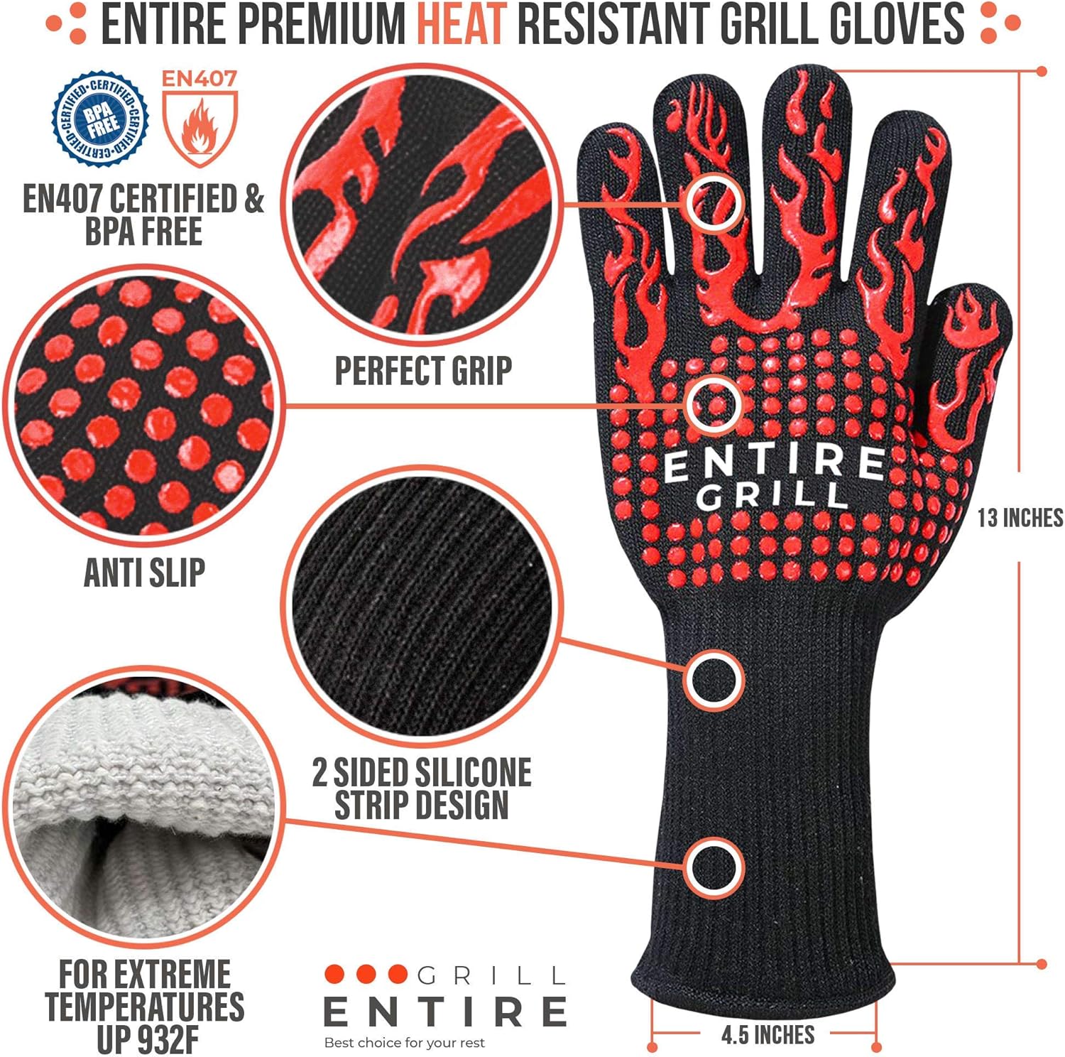 Entire BBQ Grill Gloves, Extreme Heat Resistant, Insulated Fireproof Silicone Oven Mitts for Cooking, Grilling, Smoker Baking, Barbecue, Non-Slip Grip Pair with Silicone Brush & BBQ Grilling Tong: Home & Kitchen