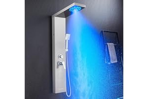 POPFLY 5 IN 1 LED Shower Panel Tower System with Mist＆Rain System, Bathroom Stainless Steel Shower Panels Column with Tub Spout, 2 Full Body Massage Jets, Brushed Nickel Wall Mount Shower Tower