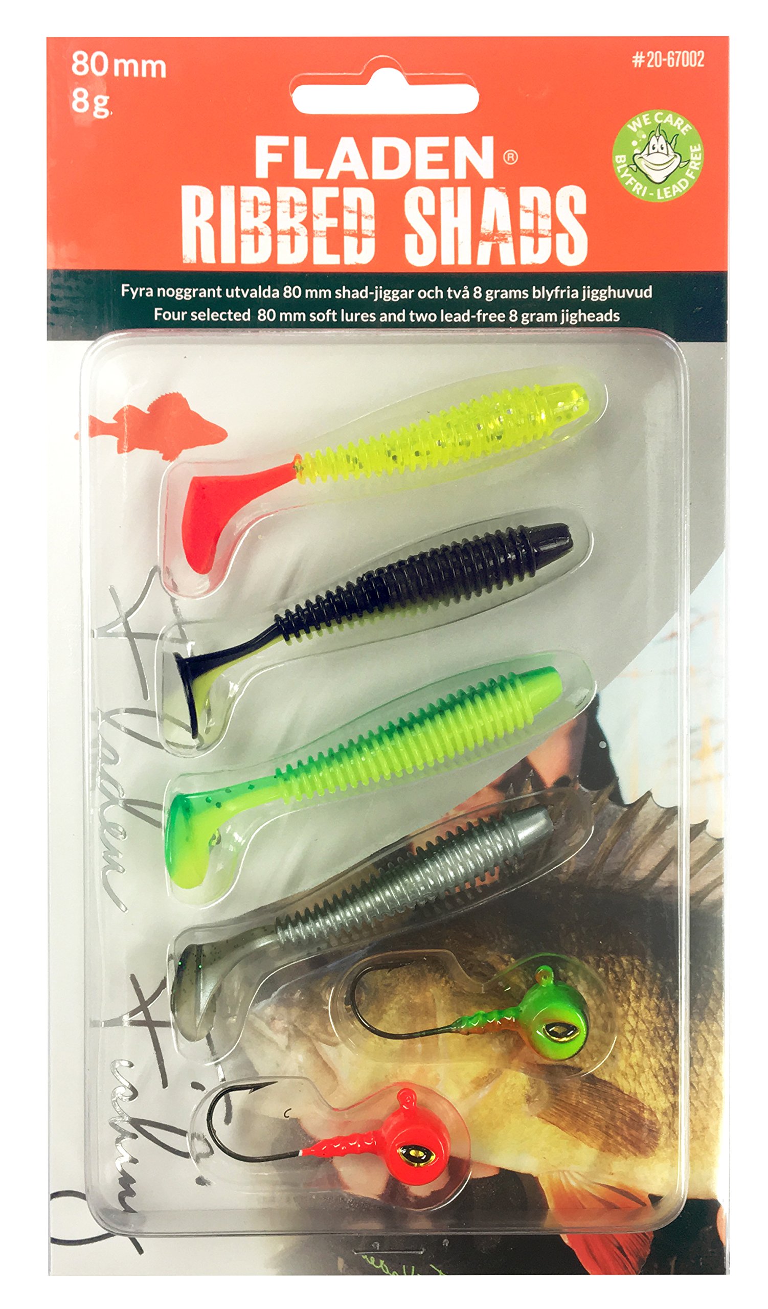 FLADEN Fishing - 4 x SOFT LURE RIBBED SHADS Assortment Imitation Bait Fish for Predatory Fishing - Comes with 2 Lead-Free Jig Heads (Pack 2, 4 x 8cm / 8g Size 2/0 jigs) [20-67002]