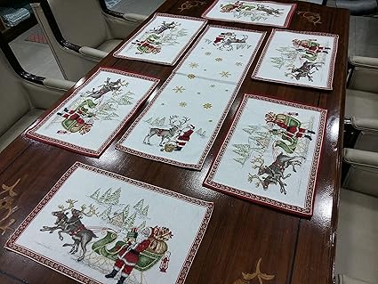 Avira Home Christmas Santa Polycotton Tablemats and Runner Set -7 pcs