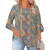 Rapbin Plus Size Tops for Women 3/4 Ruffle Sleeve Crew Neck Button Down Pleated Blouses Casual Fashion Tunic (1X-5X)