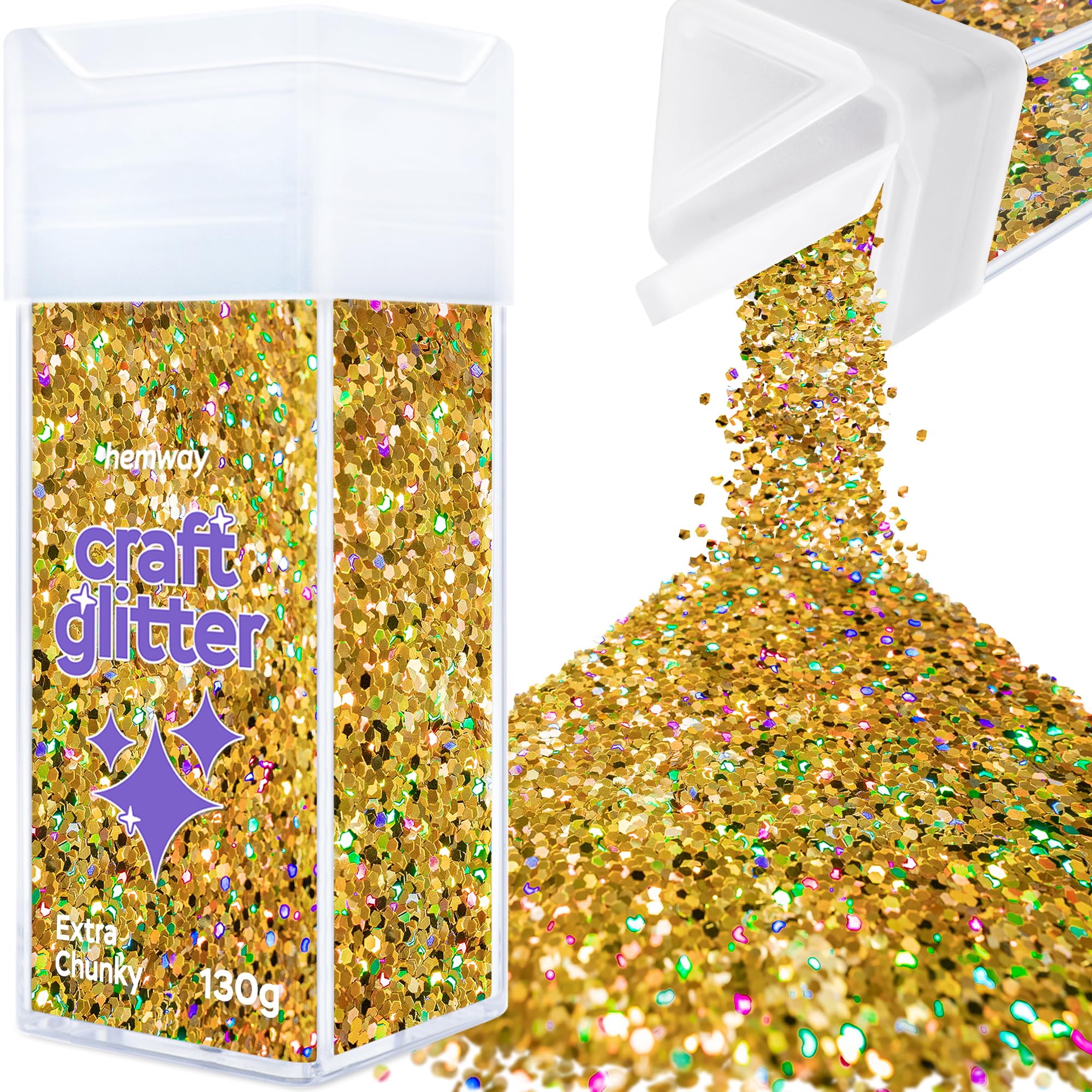 Hemway Glitter Shaker Gold Holographic 110g Extra Chunky, Craft Glitter Shaker for Resin & Epoxy Crafts, Christmas Art Supplies, Nail, Body, Face, Eye, Festival, Crafting, Slime, Sparkle