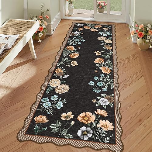 GarveeHome Floral Scalloped Kitchen Runner Rug, 2X6 Washable Hallway Runner Non-Slip, Soft Print Laundry Room Rug Low-Pile Stain Resistant Boho Carpet for Bathroom Bedroom Dorm, Black