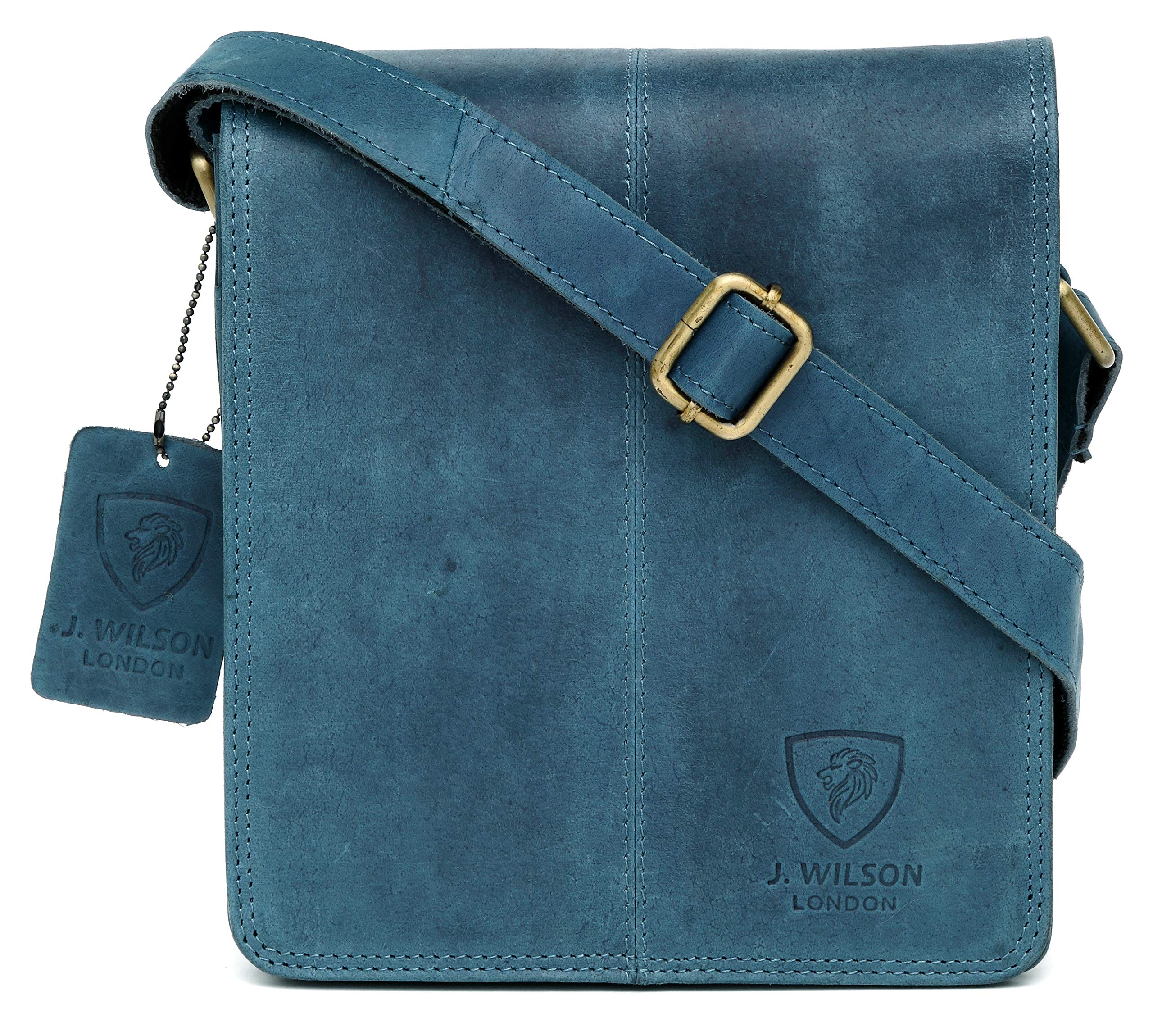J. Wilson London 100% Pure Genuine Real Vintage Hunter Leather Handmade Mens Leather Flapover Everyday Crossover Shoulder Work Tablet Messenger Bag (Distressed Blue)