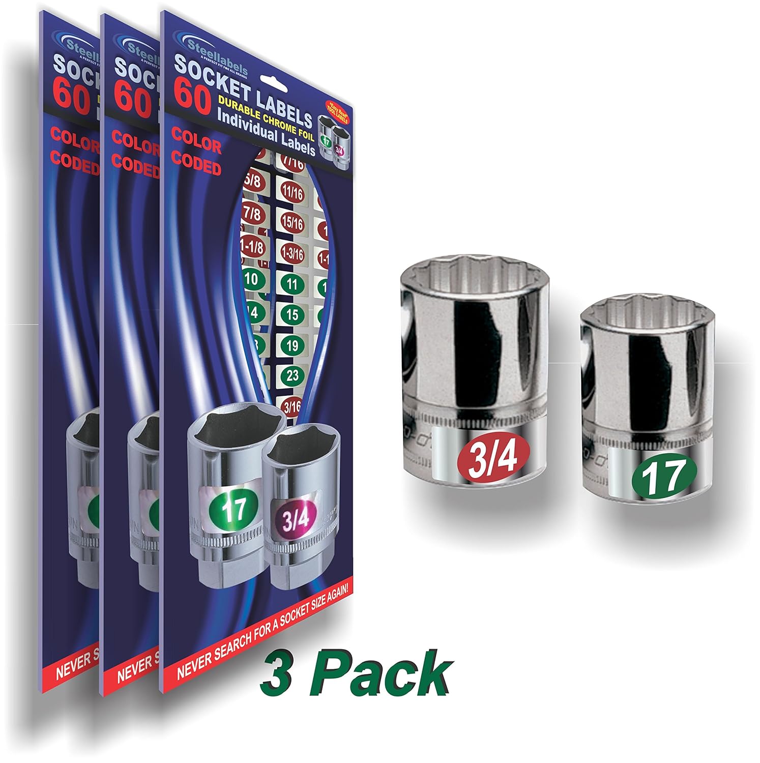 180 Labels 3 pack Chrome Socket Labels for mechanics & home craftsman