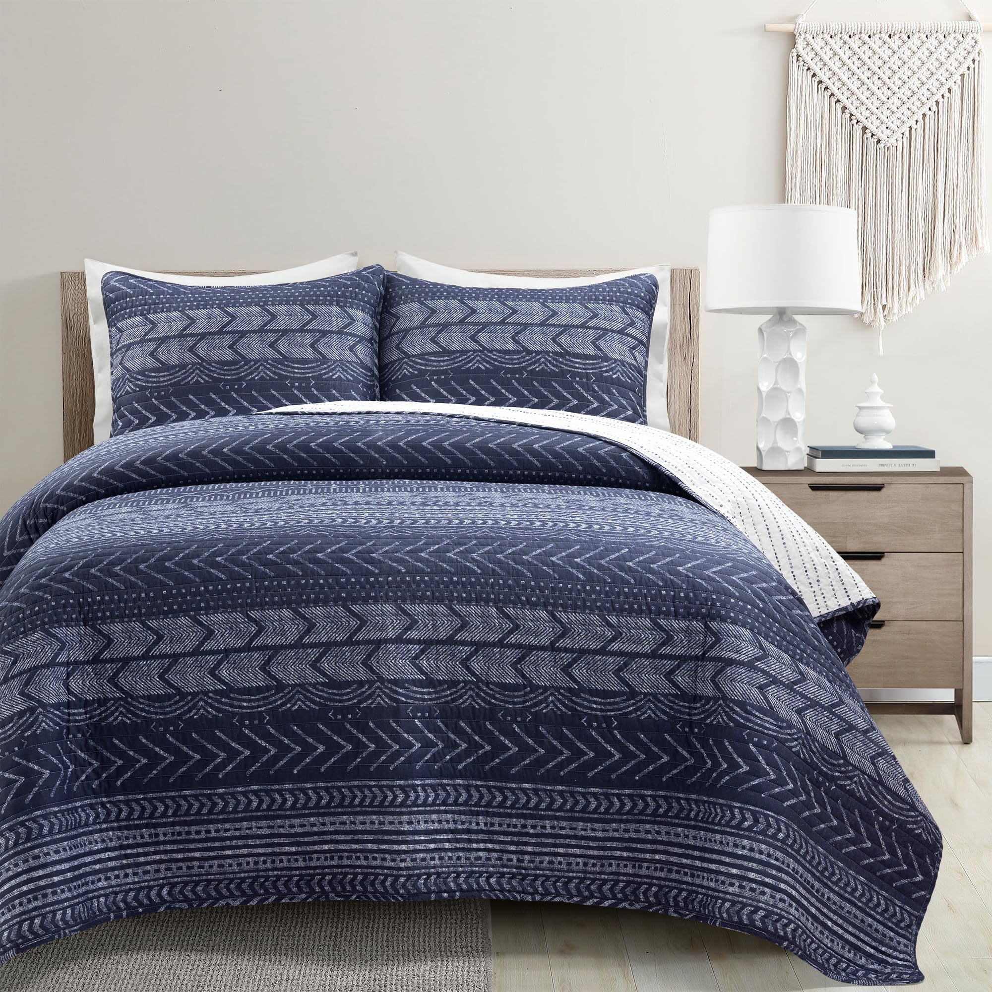 Photo 1 of Lush Decor Hygge Geo Pattern Striped 3 Piece Quilt Bedding Set, King, Navy