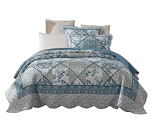 Tache 3 Piece Petal Dance Cotton Floral Patchwork Blue Quilt Bedspread Set, King