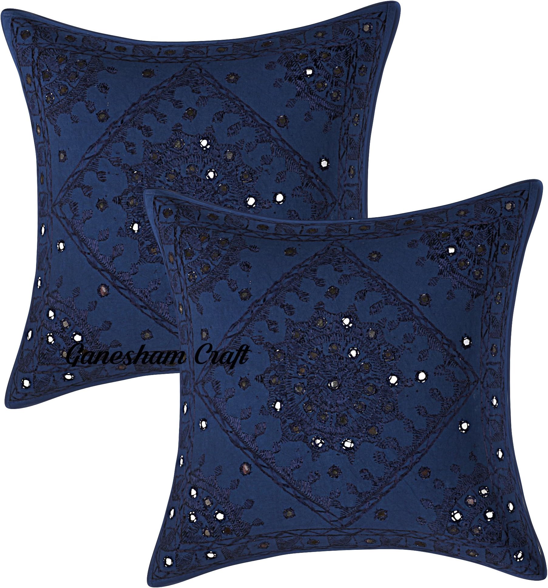 Ganesham Craft Handmade Cotton Embroidered Dark Blue Ethnic Cushion Cover 16 x 16 Inch for Home Dรฉcor | Set of 2