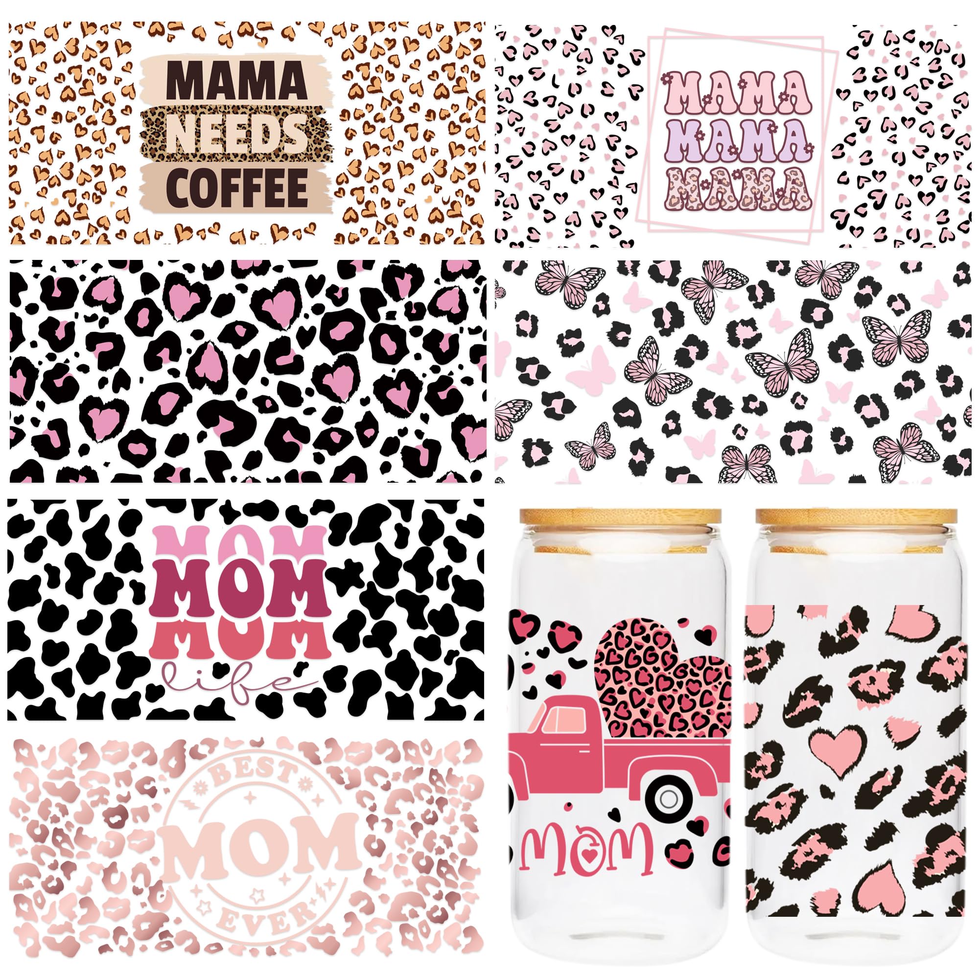 Photo 1 of UV DTF Cup Wrap Transfer - 8 Sheets Boho Mama UV DTF Transfer Stickers for 16 OZ Glass, Best Mom Ever, Leopard Print, Cow Print, Love Heart, Trunk, Butterfly Design Rub Decal, Mama Gift