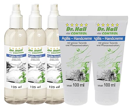 3x Agilis-Spray, 125 ml + 2x Agilis-Handcreme, 100 ml mit Kräuterextrakten für die Haut an Knie, Füße, Rücken, Nacken oder Sc