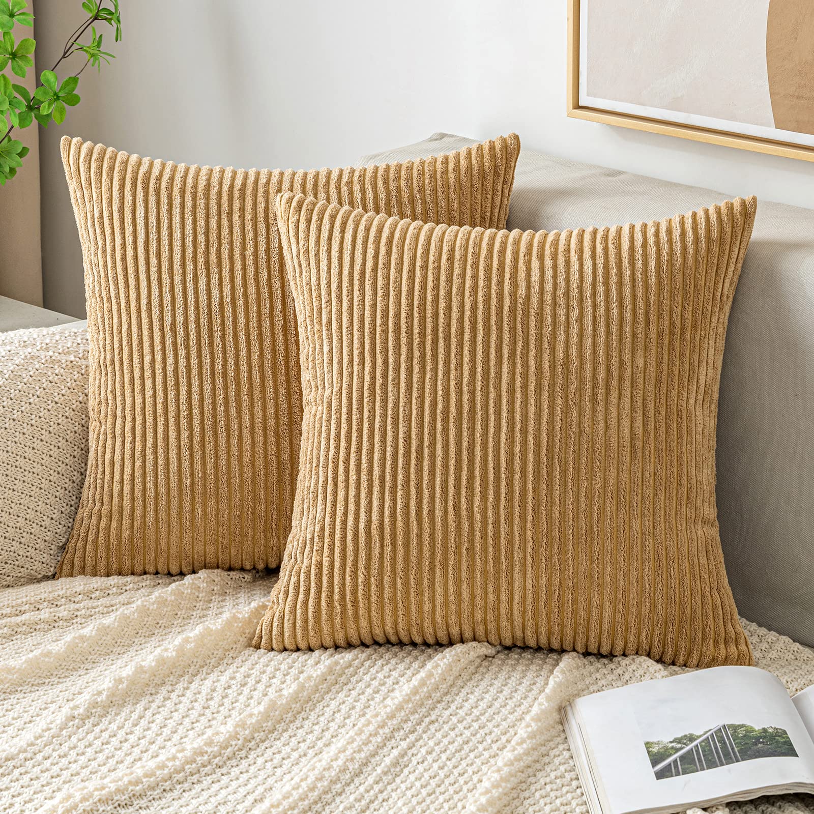 EMEMA Cushion Covers Corduroy Square Throw Pillow Covers Striped Soft Sham Home for Sofa Couch Bedroom Decorative Pillowcases 18x18 Inch 45x45cm Set of 2 Camel
