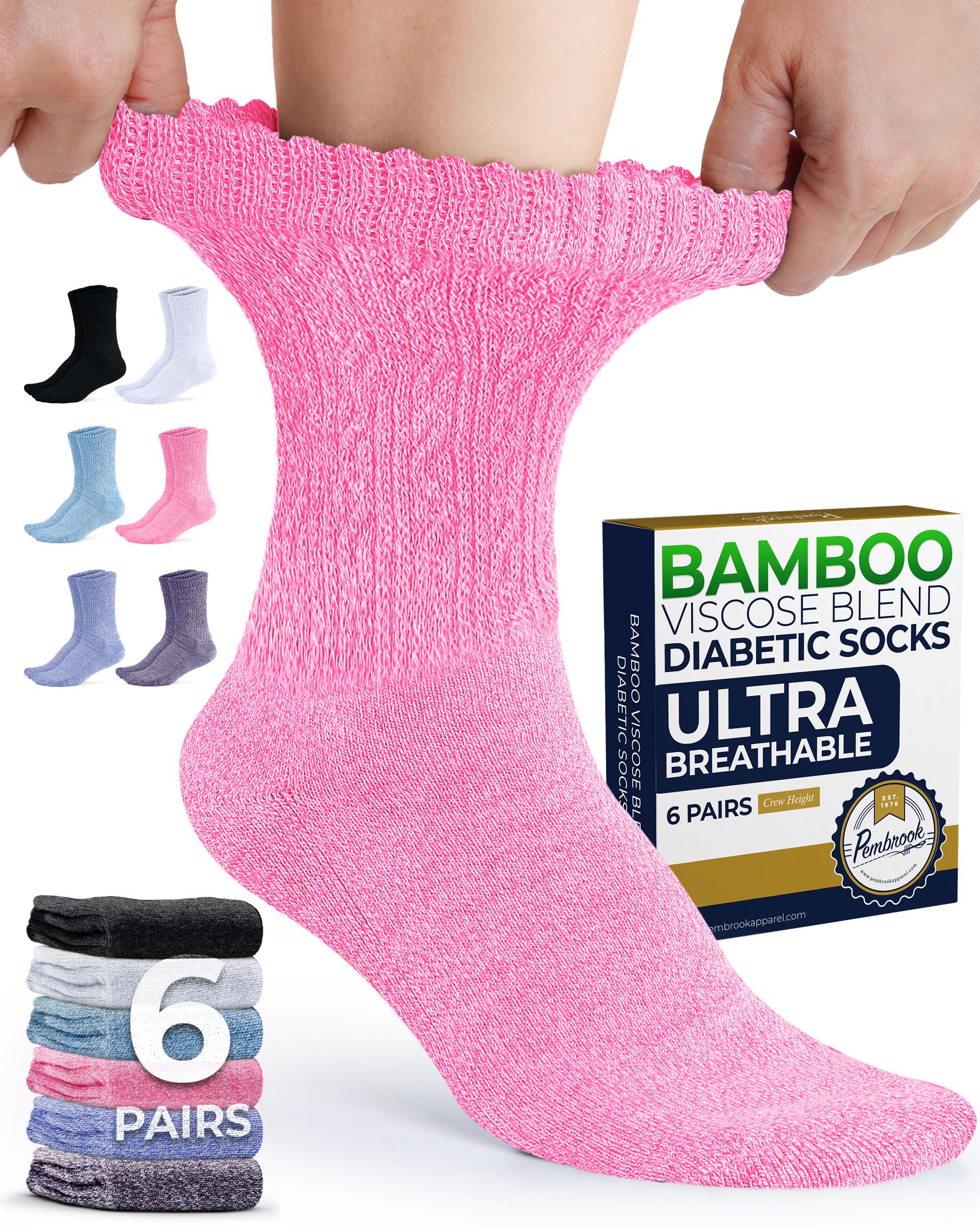 Photo 1 of Pembrook Diabetic Socks for Women - 6 Pairs Cable Knit Womens Diabetic Socks, Bamboo Viscose, Non-Binding Top, Moisture-Wicking, Purple, Pink, Lavender, Turquoise, White, Black Pnk/6