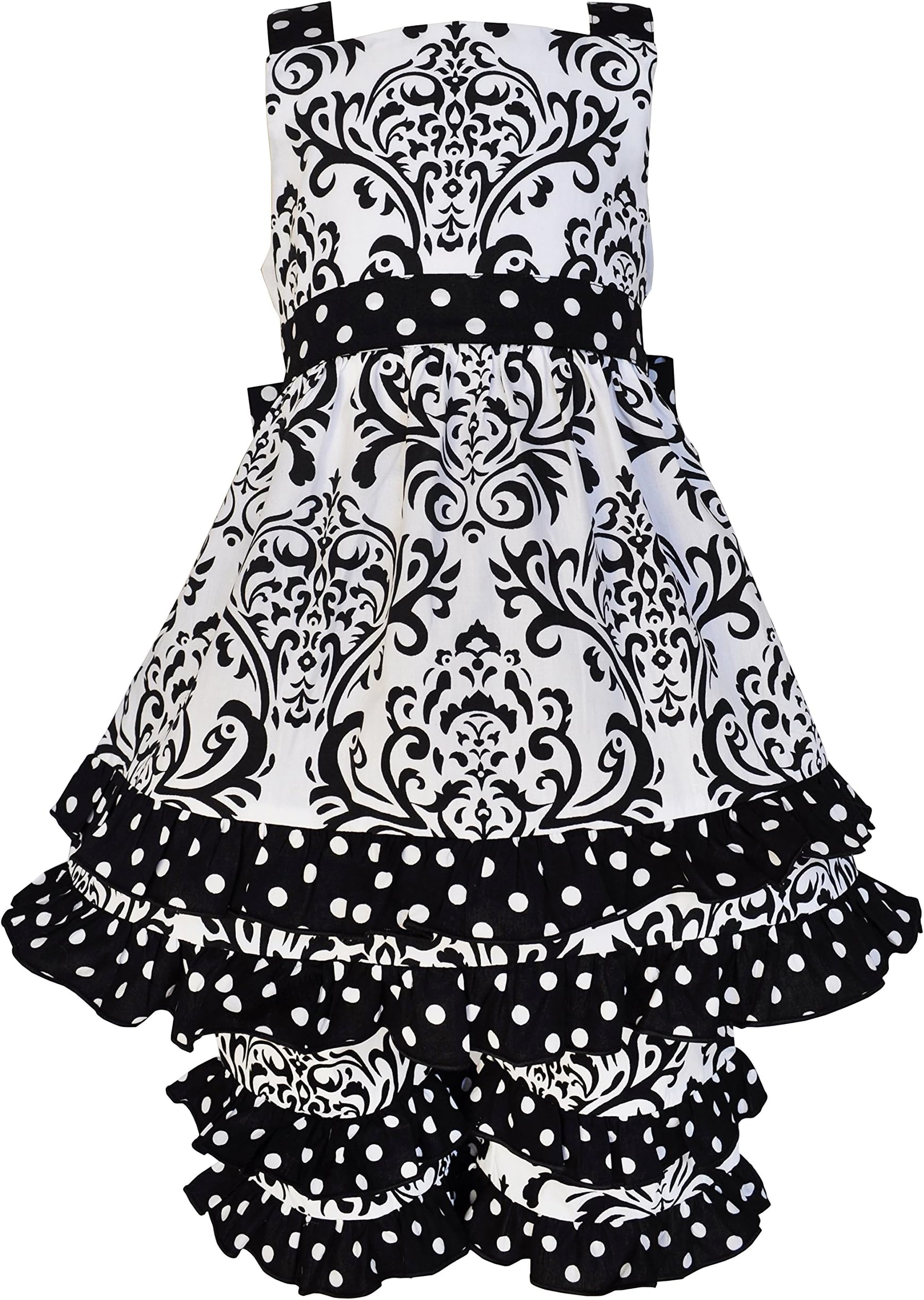 AnnLoren Girls Boutique Black & White Cotton Damask and Dots Dress Outfit 3T, 2T