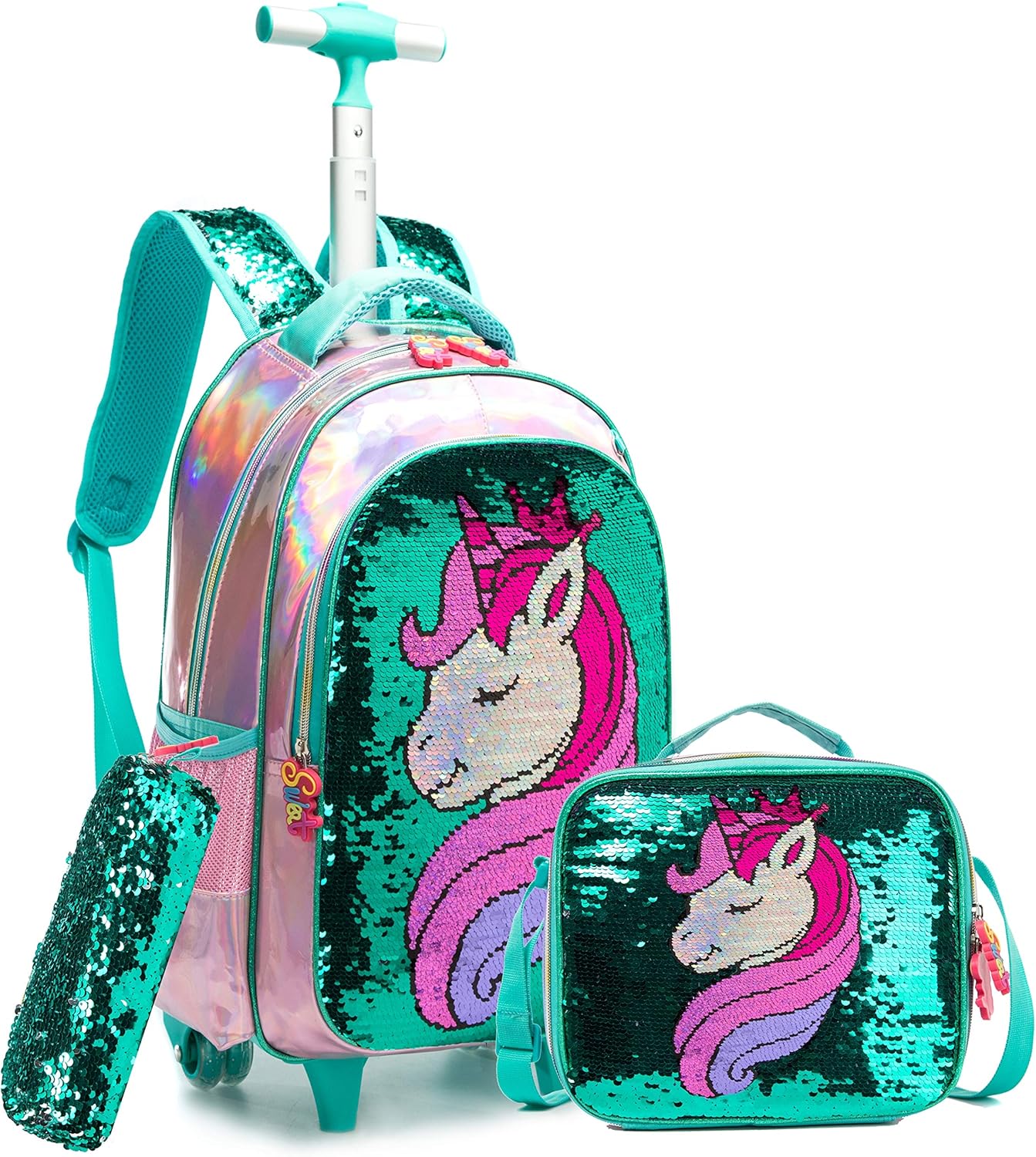 HTgroce Kids Girls Backpack Magic Reversible Sequin Trolley Bag Girls Boys School Bag Children's Backpack Rolling Backpack with Wheels School Rucksack with Lunch Box Unicorn Green