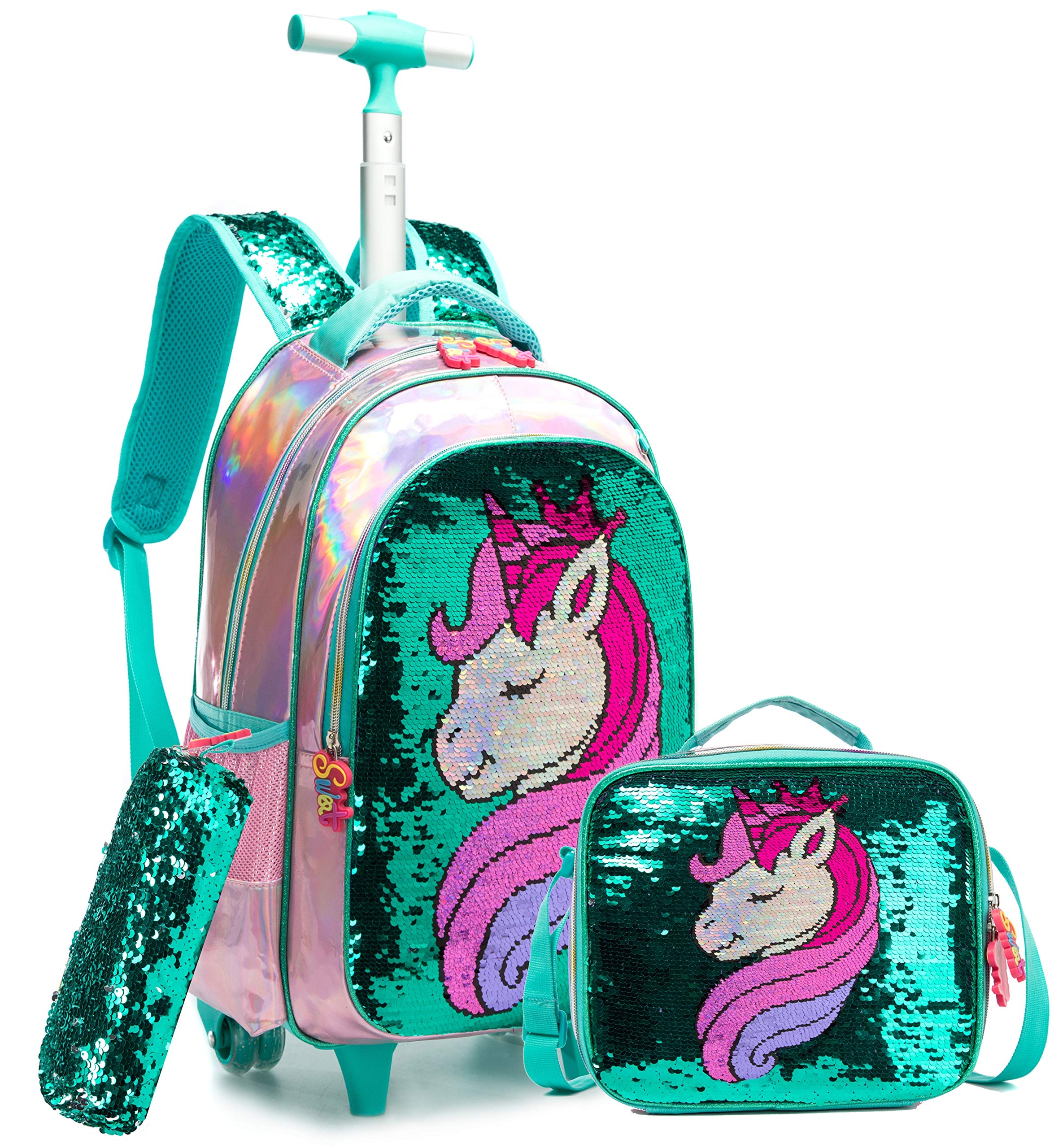 HTgroce Kids Girls Backpack Magic Reversible Sequin Trolley Bag Girls Boys School Bag Children's Backpack Rolling Backpack with Wheels School Rucksack with Lunch Box Unicorn Green.