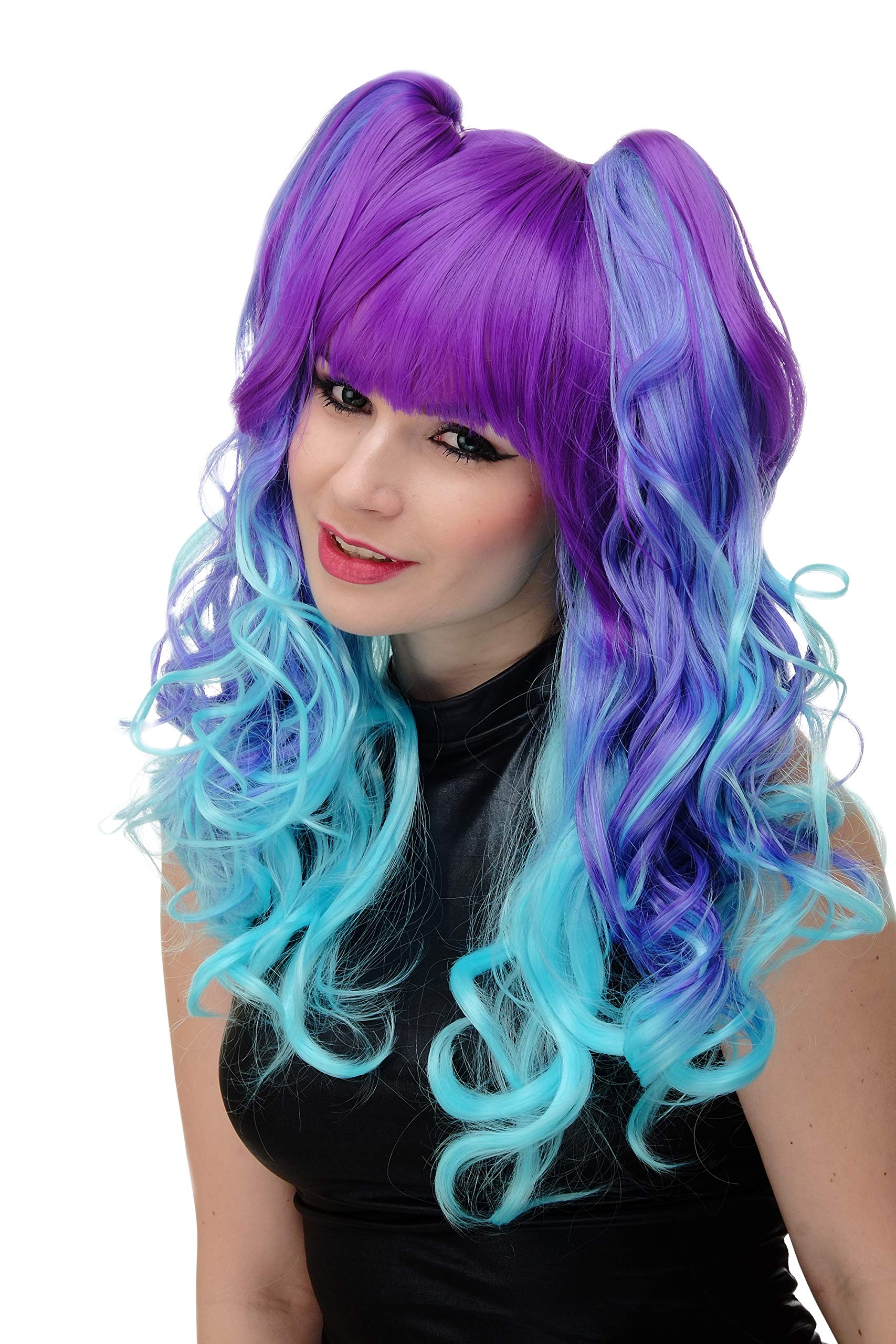 WIG ME UP YZF-7092L+A Lady Cosplay Quality Wig long + 2 removable ponytails pigtails curled bangs ombre blue turquois mix