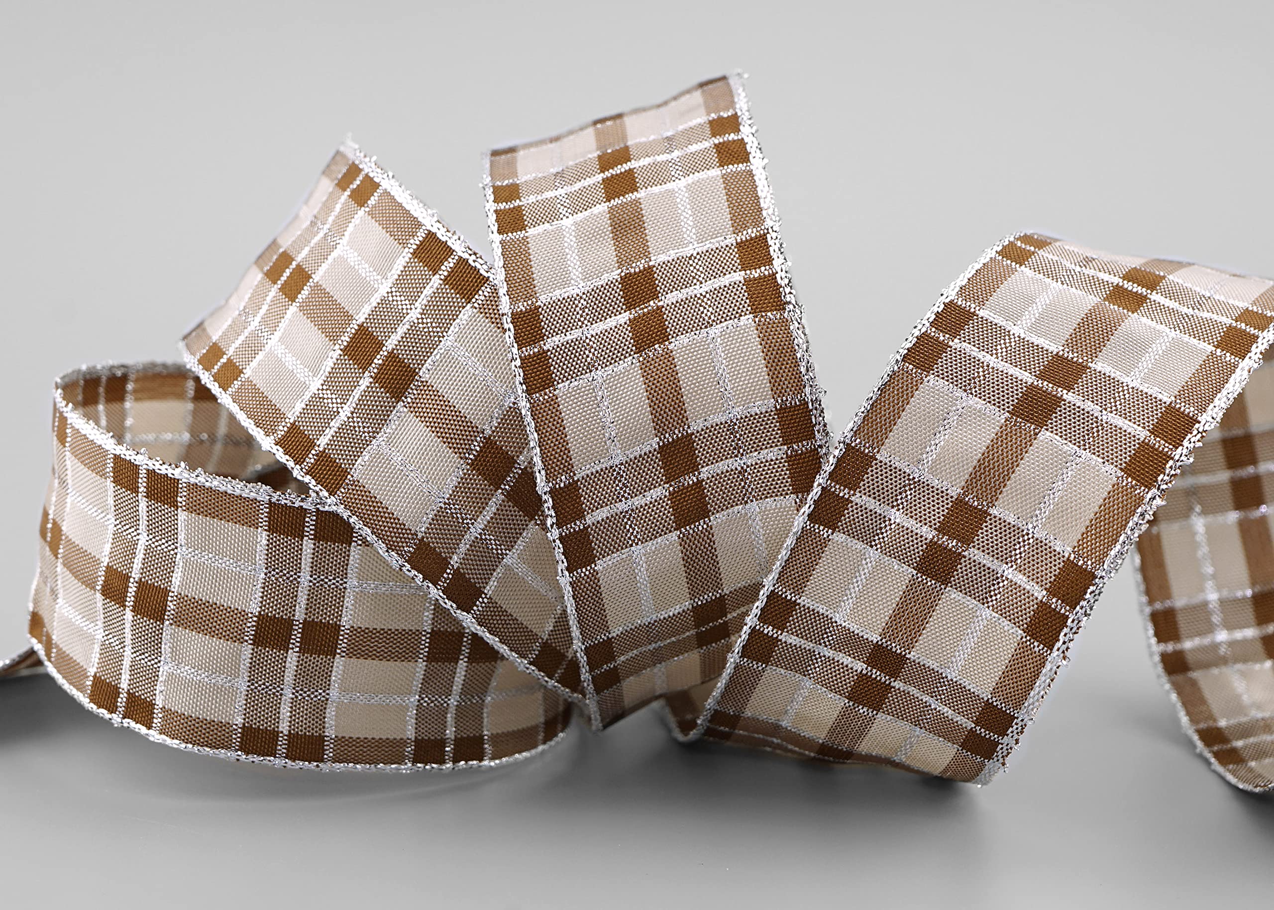 finemark 20 m x 40 mm Checked Christmas Ribbon Taupe Silver (225) with Lurex Wire Edge Ribbon Decorative Ribbon Gift Ribbon Tartan Check Shiny Ribbon Gold Edge Wire Ribbon Winter Christmas Check