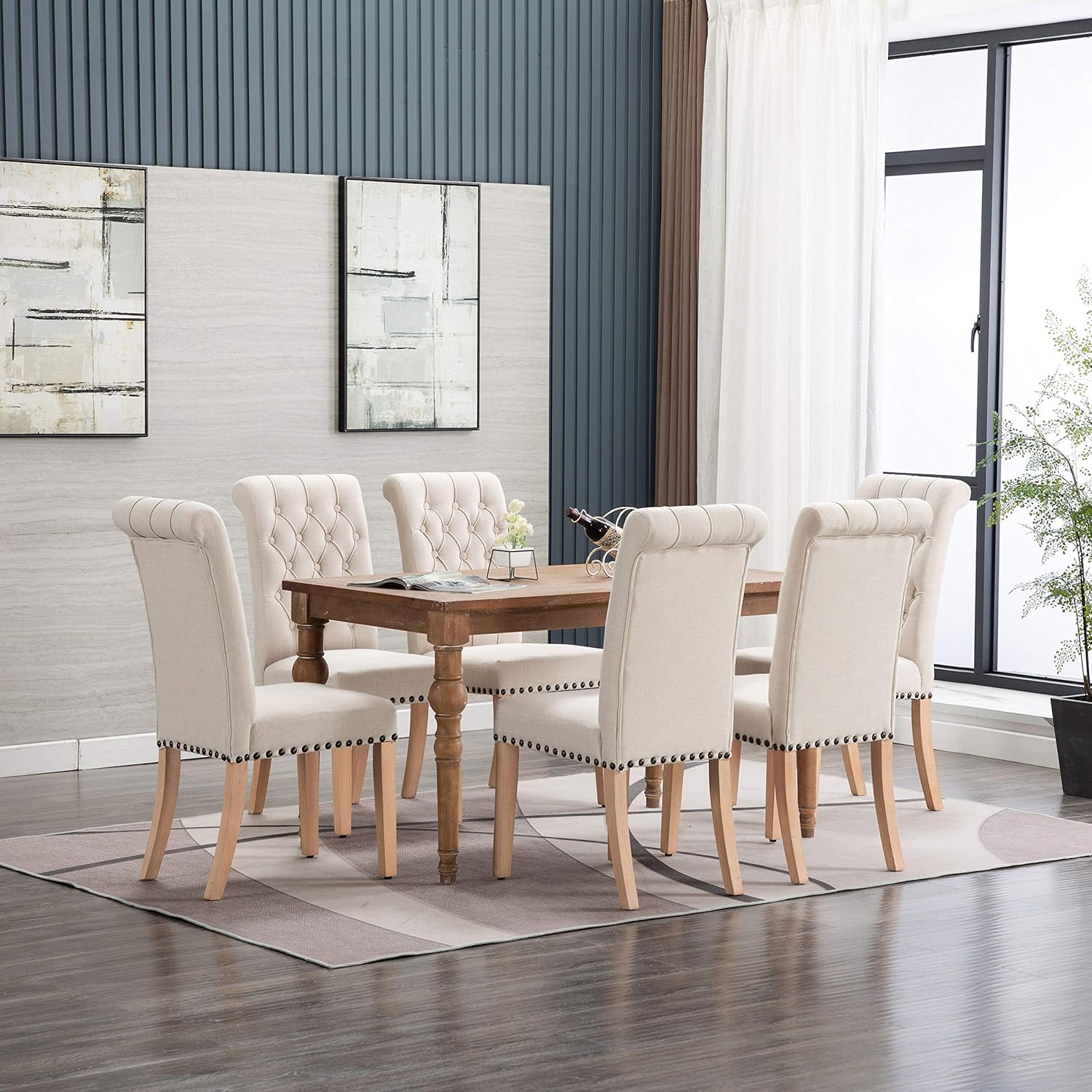 Luxuriour Fabric Dining Chairs, Pekko Kitchen Room with Copper Nails and Solid Wood Legs Set of 2 (Beige+A) - Chairs