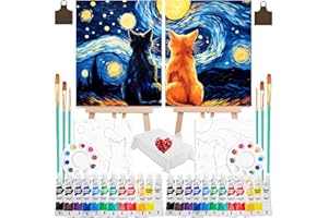 QUANWAISJ 2 Sets 10x12 Couples Painting Kit Date Night, Sip and Paint Kit for Adults with Pre-Drawn Canvas (Easels Included), Perfect for Date Night Painting and Sip Parties (Starry Love Cats)
