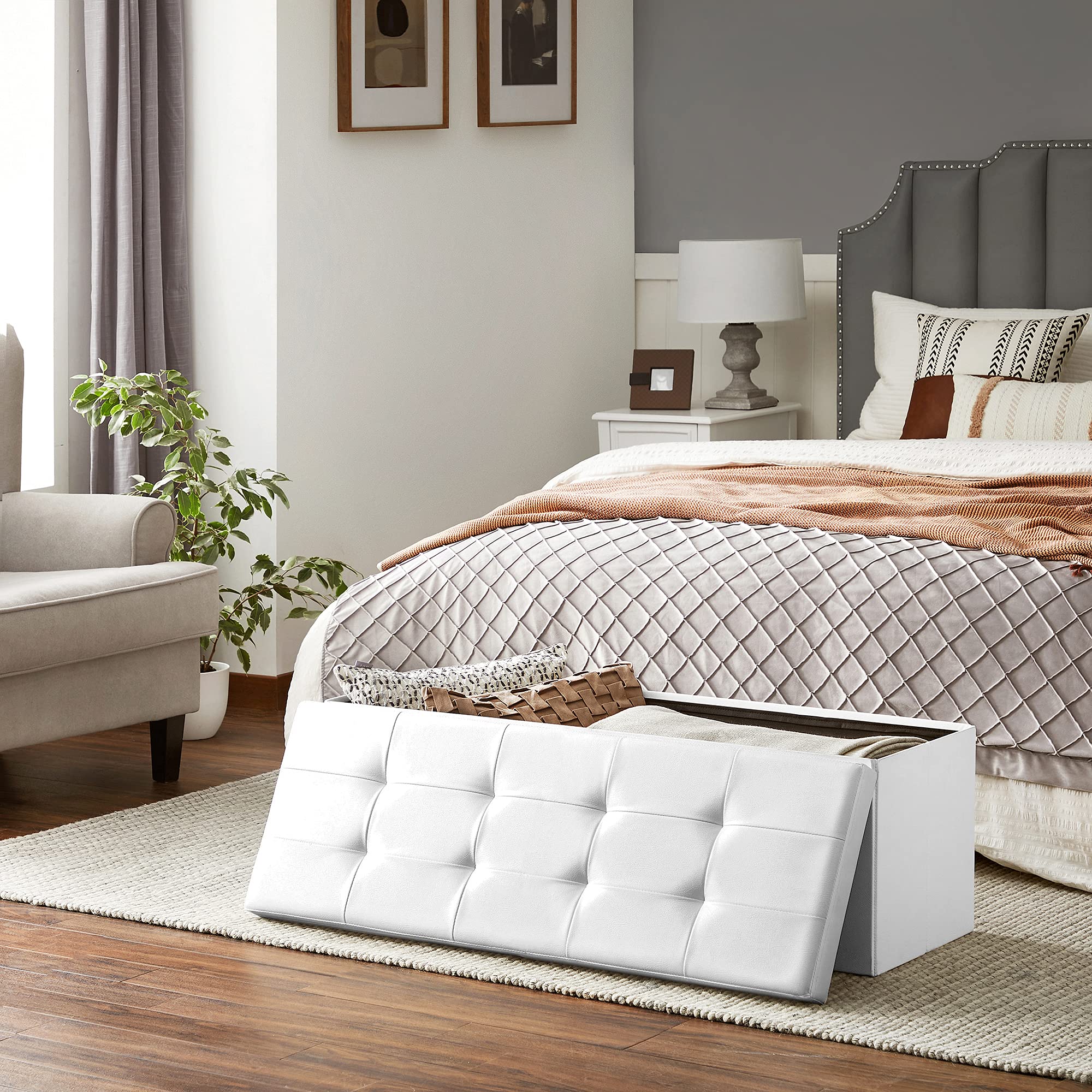 SONGMICS 43 Inches Folding Storage Ottoman Bench with Flipping Lid, Storage Chest Footrest Padded Seat with Iron Frame Support, White ULSF75WT