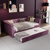 Merax Twin Size Upholstered Daybed with Trundle, Modern Velvet Sofa Bed with Tufted Button Design and Curved Armrests for Living Room, Bedroom and Guest Room, No Box Spring Needed, Purple