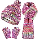 Wenouy Kids Winter Hat Scarf Gloves Set, Toddler Fleece Lined Gloves Warm Knitted Scarf Winter Beanie with Pom for Boys Girls