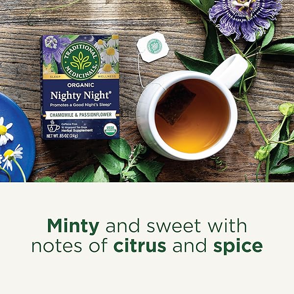 TRADITIONAL MEDICINALS ORGANIC NIGHTY NIGHT WITH PASSIONFLOWER HERBAL TEA, PROMOTES A GOOD NIGHT’S SLEEP, (PACK OF 1) – 16 TEA BAGS