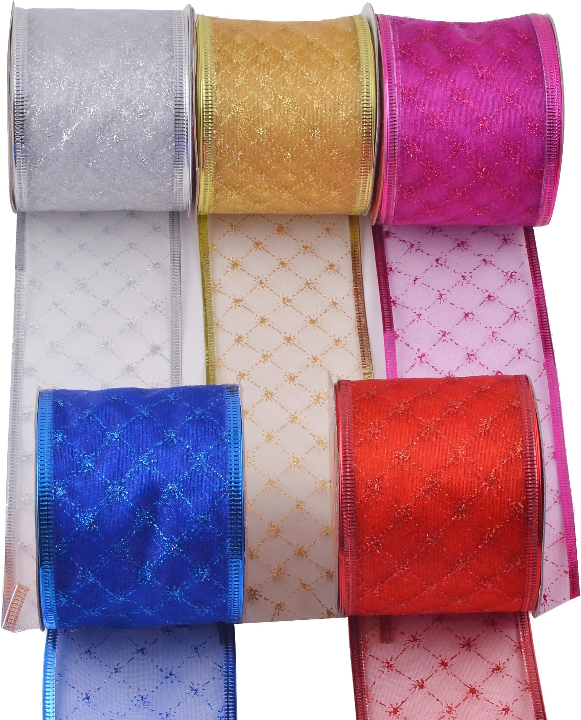 eZthings Decorative Wired Sheer Glitter Ribbon for Christmas Gift Wrapping and Holiday Decor (50 Yards (2.5" Width), Gold - Silver - Purple - Red - Blue - Classic Set)