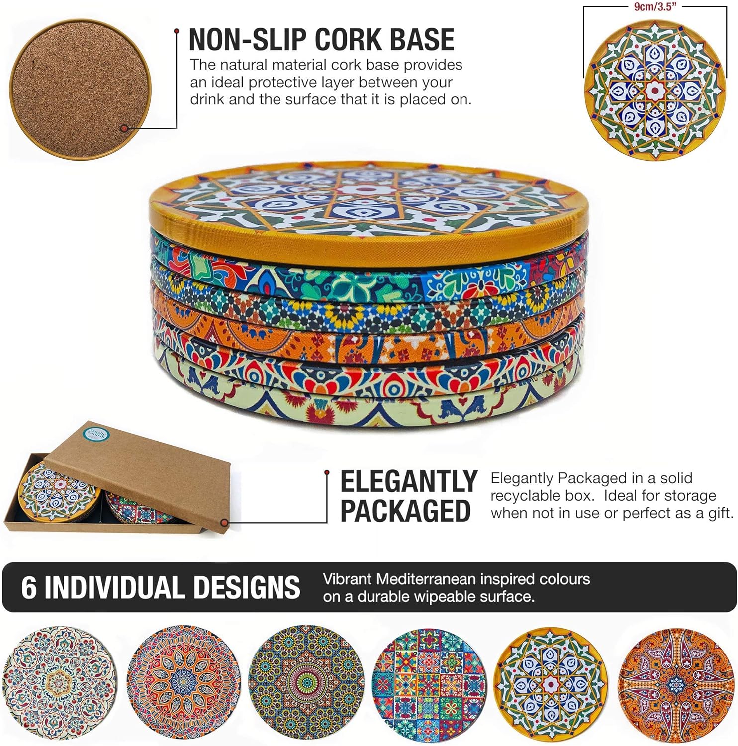 Totally Turkish - Patterned Drink Coasters Set of 6 - Giftable Design Drinks Mat Set - Non-Scratch Top With Non-Slip Cork Base (Galata) - Image 4