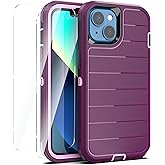 YmhxcY for iPhone 13 Case/iPhone 14 Case[2 pcs Tempered Glass Screen Protector] Drop Proof 3-Layer Durable Cover/Shockproof Armor Solid Rubber Stripe Case for iPhone 13/14 6.1"-Wine Red/Rose Pink