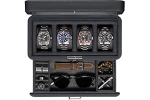 ROTHWELL 4 Slot Leather Watch Box with Valet Drawer - Luxury Case Display Jewelry Organizer, Locking Display Case Holder with Real Glass Top - Watch Box Organizer for Men & Women (Carbon)