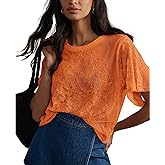 OPCAKM Lace Tops for Women Sexy Short Sleeve Mesh Tops Embroidered Sheer Lace T-Shirts See Through Blouse