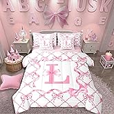 Erosebridal 7Pcs Kids Bowknot Bed in A Bag Twin Size for Girls Initial Letter L Comforter Set with Sheets for Mom/Daughter/Sister/Girlfriend Pink Bow Bedding Sets