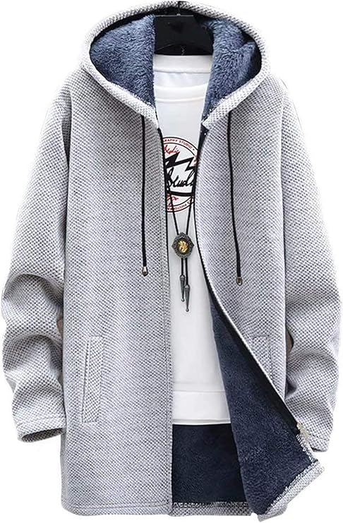 Amazon Co Jp ロングコート メンズ ジャケット もこもこ 裏起毛 アウター フード付き 秋冬 ジップアップ パーカー カジュアル 中長タイプのジャンパー 防風 防寒 Xl ライトグレー ホーム キッチン