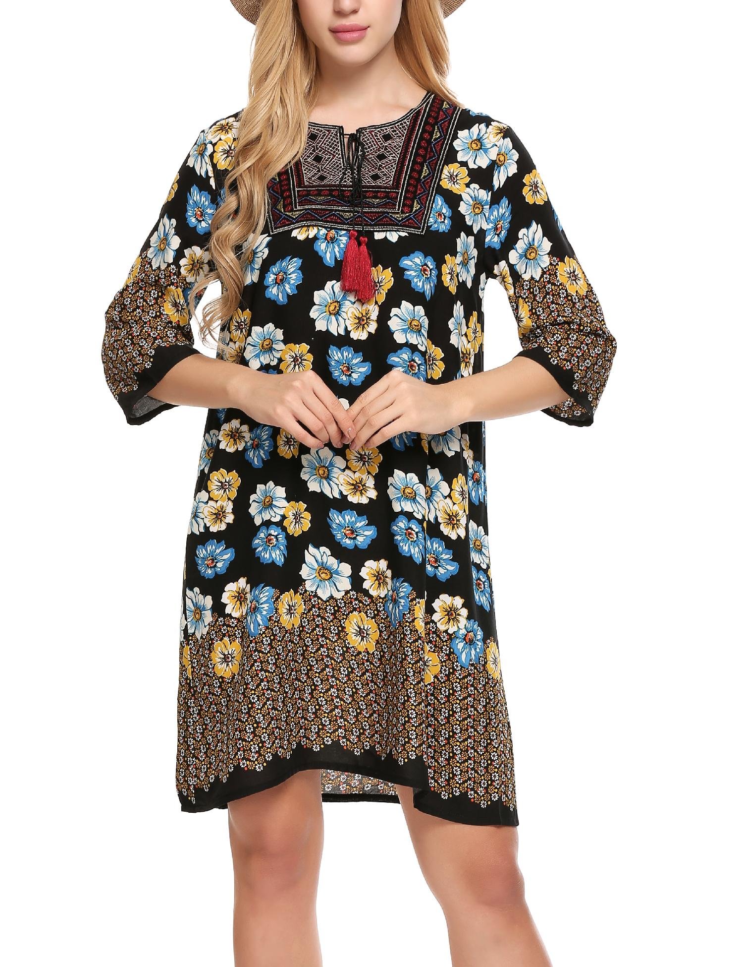Elesol Women Summer Shift Dress Bohemian Neck Tie Vintage Printed Ethnic Style Pattern2 M