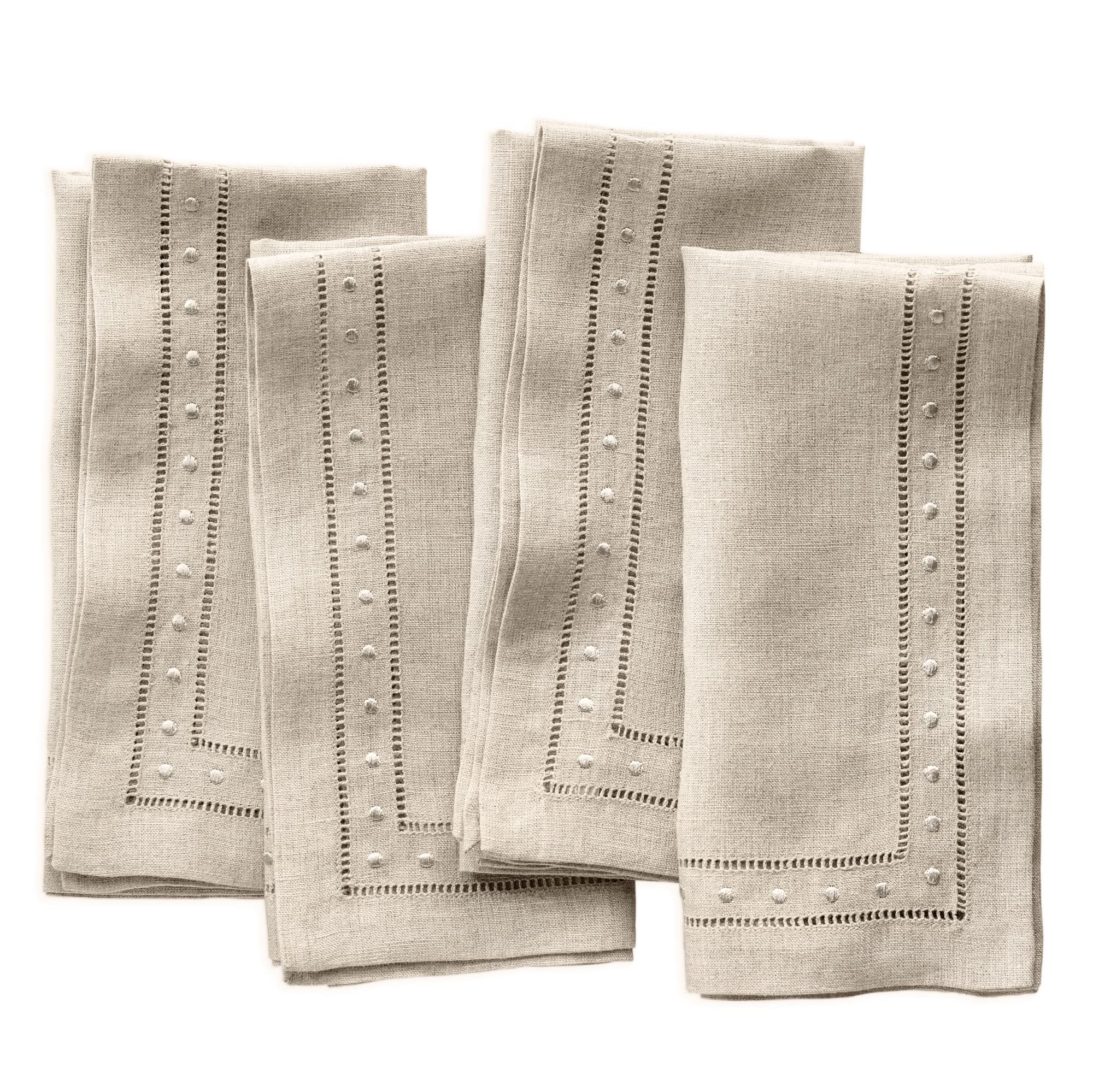 O'lucio Linen Cloth Napkins - Natural 45 x 45 cm, Set of 4 Linen Hemstitch Dinner Napkins with Swiss Dot Embroidered - Easter Napkins Cloth Washable Handmade from French Flax, Natural Fabric — image 1