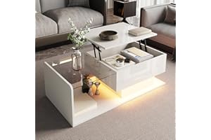 Merax Lift Top High-Gloss Coffee Table with Hidden Storage Space & LED Light & Glass Tabletop, Modern Center Table for Living