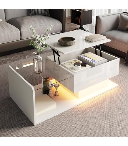 Table Basse LED Moderne Avec éclairage Contrôlé Par Appli - Blanc Brillant, 100x50x40 Cm - Verre Trempé, 2 Tiroirs - Pour Salon