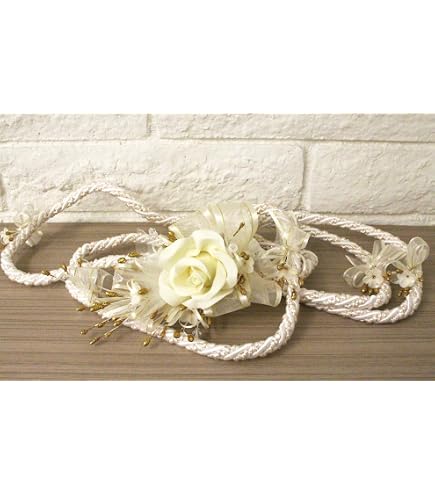 Lazo Tradizionale Per Matrimonio - Corda Intrecciata In Bianco Avorio E Oro Con Fiori Di Cera, Lunghezza 137 Cm, Confezione Regalo Inclusa