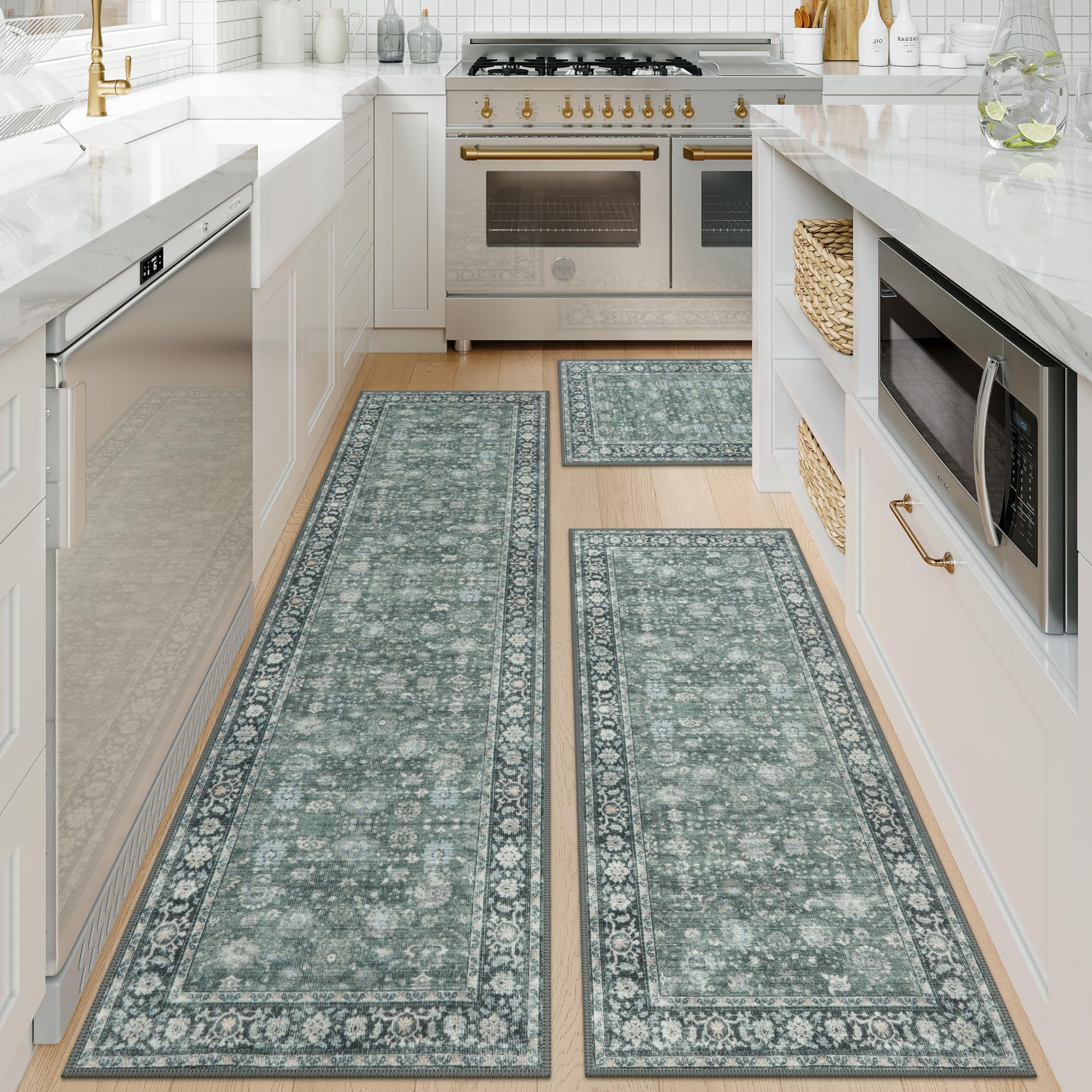 KIMODE Kitchen Rugs Non Slip Washable, Boho Vintage Kitchen Mats for Floor 3 Piece Set,Dark ...
