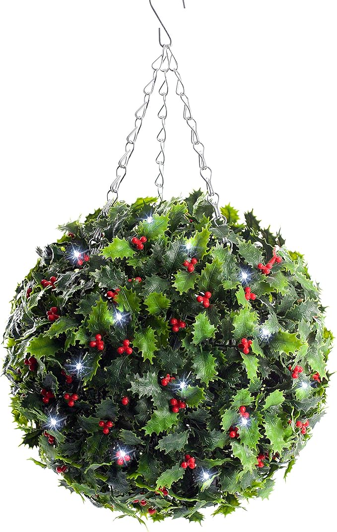 Best Artificial 28cm Pre Lit Christmas Holly Topiary Ball Battery